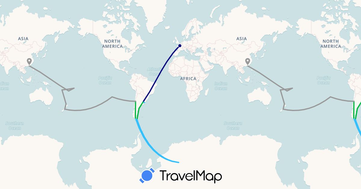 TravelMap itinerary: driving, bus, plane, boat in Argentina, Chile, China, Fiji, France, New Zealand, Uruguay, Vanuatu, Samoa (Asia, Europe, Oceania, South America)